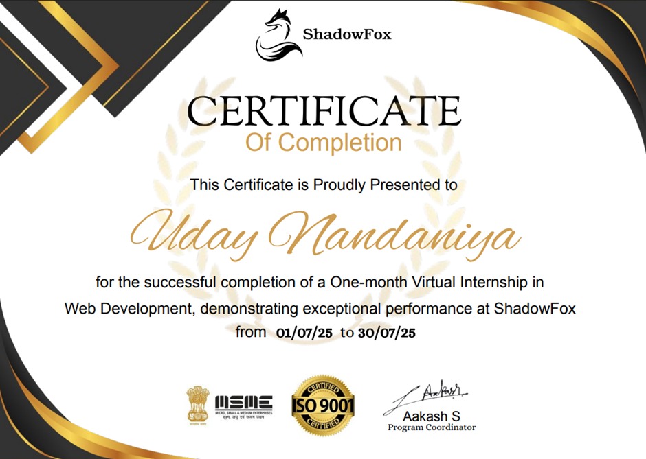 ShadowFox Internship Certificate